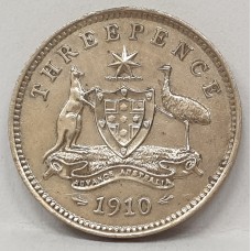 AUSTRALIA 1910 . THREEPENCE . RARE . VERY HIGH GRADE